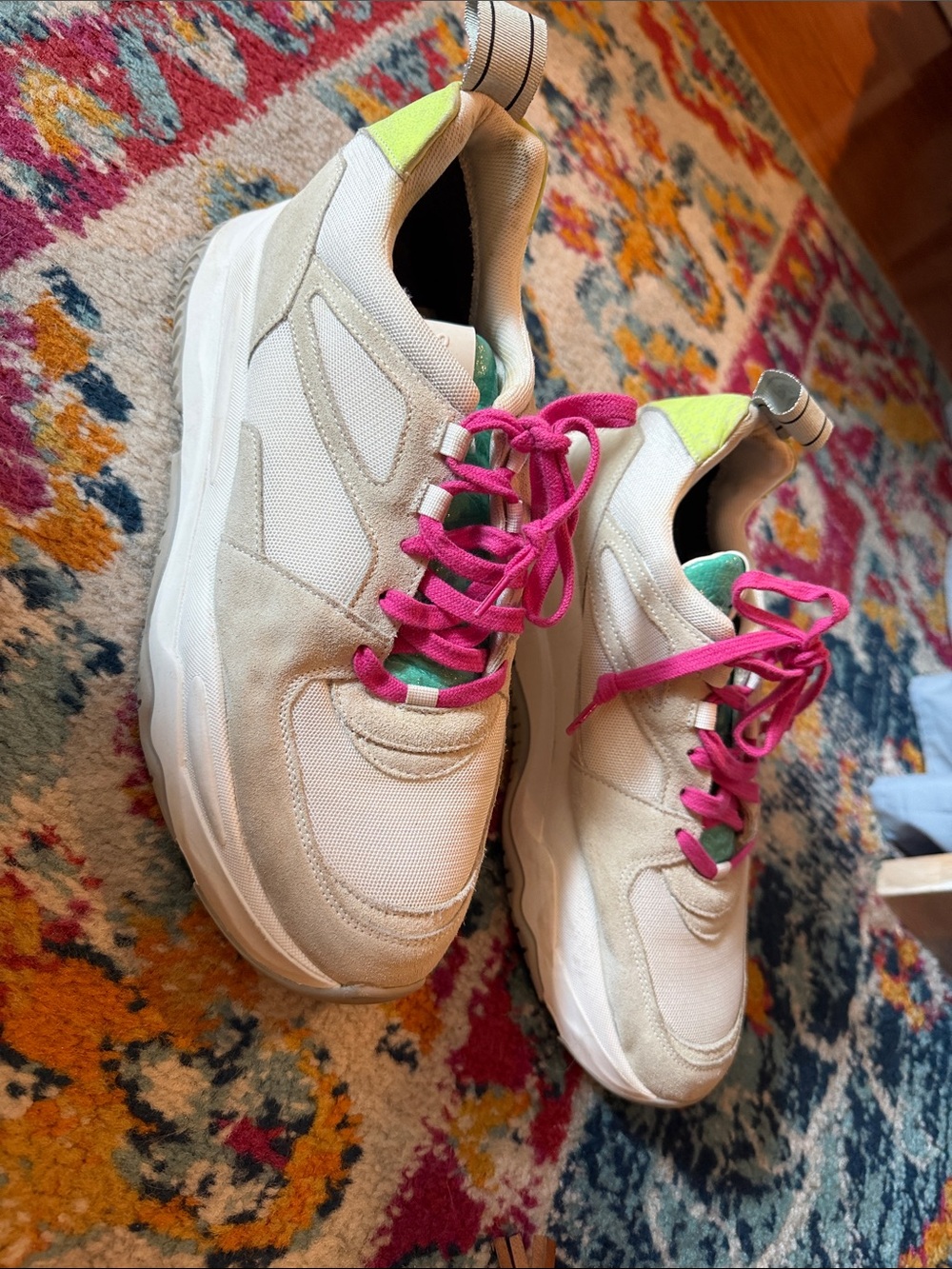P448 Cream Platform Sneakers with Hot Pink Laces and Neon Green Accents